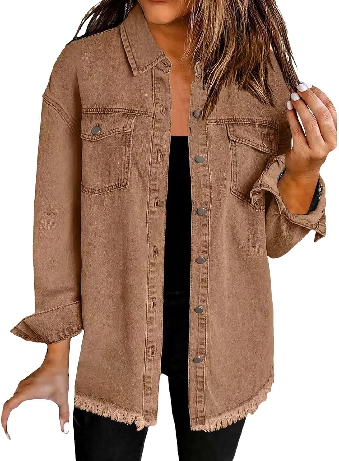 Womens Oversized Button Up Frayed Hem Shacket Long Sleeve Pockets Denim Jean Jacket Trucker Coats