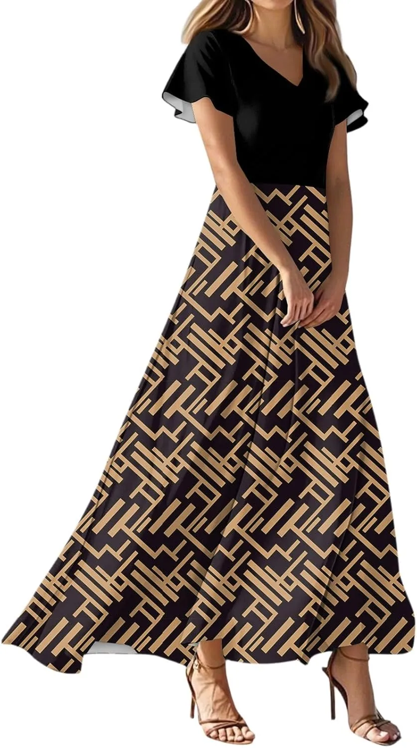 Women's Short Sleeve Floral Maxi Dress 2025 Summer V Neck Loose Plain Empire Waist Casual Wedding Guest Dresses