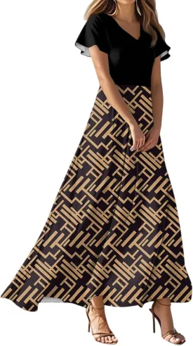 Women's Short Sleeve Floral Maxi Dress 2025 Summer V Neck Loose Plain Empire Waist Casual Wedding Guest Dresses