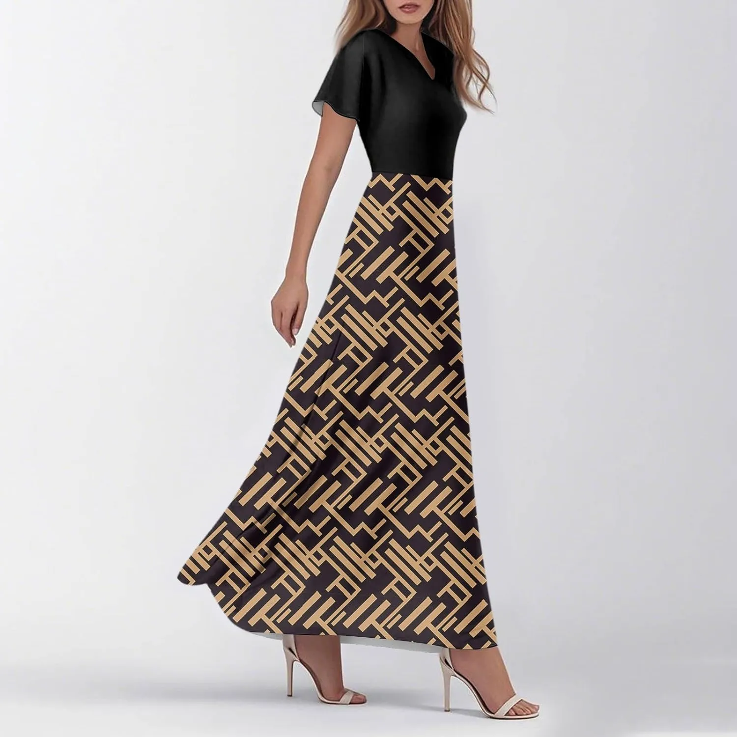 Women's Short Sleeve Floral Maxi Dress 2025 Summer V Neck Loose Plain Empire Waist Casual Wedding Guest Dresses