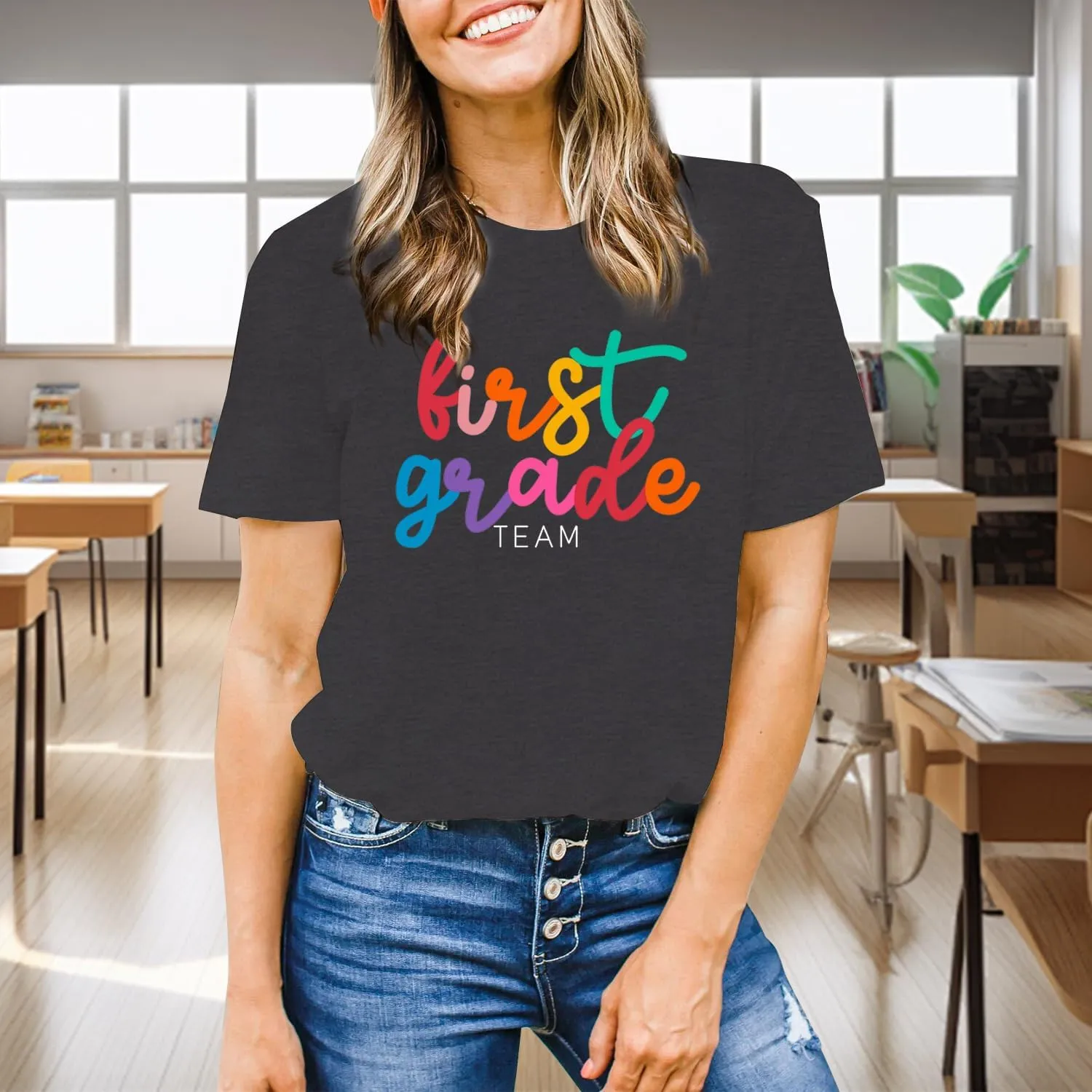 Womens Teacher Life Shirts First Grade Teacher Team T-Shirt 1st Grade Teacher Rainbow Tee Top