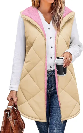 Zeagoo Womens 2025 Reversible Vest Sleeveless Fleece Jacket Double Zip Up Long Warm Winter Coat Outerwear with Pockets